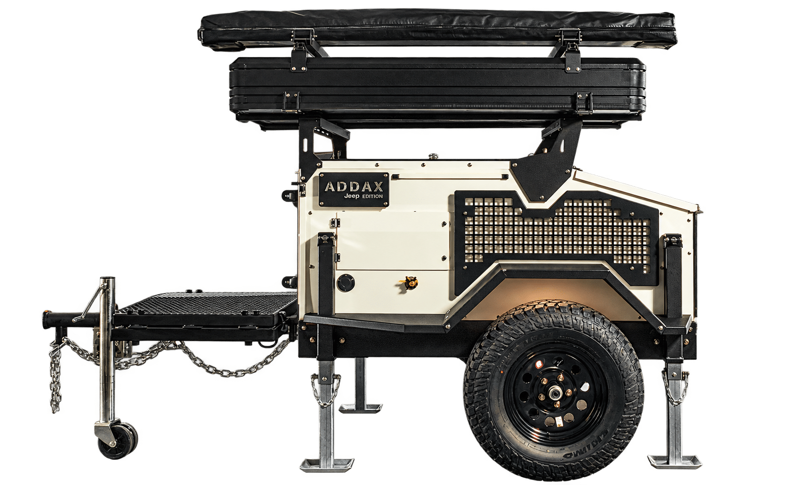 ADDAX Jeep Edition adventure trailer with rooftop tent, Foxwing awning, adjustable hitch, and all-terrain tires.